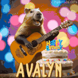 Animated birthday GIF showing a capybara playing guitar and singing beside a birthday cake with the name Avalyn in large letters and colorful bokeh lights in the background.