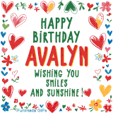 A colorful animated card for Avalyn’s birthday featuring playful hearts, cheerful flowers, and a handwritten message wishing smiles and sunshine.