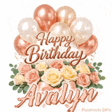 Beautiful pink and peach roses with gently moving Happy Birthday Avalyn text