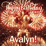 Beautiful animated GIF with the name Avalyn showing gold fireworks and helium balloons tied to a red gift.