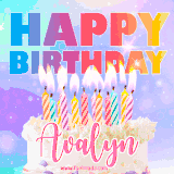 A vibrant animated name GIF with the words 'Happy Birthday Avalyn' with colorful candles on a creamy cake. The background sparkles with pastel shades, adding a festive touch.