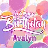 A vibrant name GIF featuring colorful balloons in shades of pink, orange, and yellow with the bold text 'Happy Birthday Avalyn' in festive fonts, creating a lively birthday vibe.