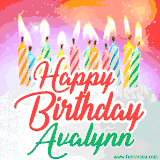 Bright birthday candles with rainbow flames on a cake, alongside the text 'Happy Birthday Avalynn' in vibrant script in this celebratory animated GIF.