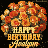 Animated bouquet of orange roses with moving butterfles and golden 'Happy Birthday Avalynn' text, surrounded by sparkling accents and a dark backdrop for a luxurious feel.
