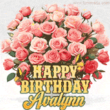 Golden 'Happy Birthday Avalynn' text beneath a vibrant bouquet of orange roses, complete with glittering butterflies and sparkling details.
