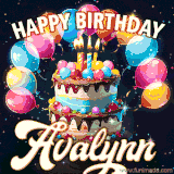 Bright birthday animation for Avalynn with a chocolate cake, candles, balloons, and glowing celebratory lights.