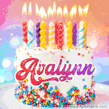 A cheerful white birthday cake with multicolor sprinkles, lit candles, and 'Avalynn' written in vibrant letters, in an animated GIF.