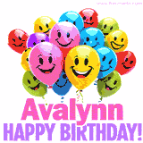 Animated colorful and joyful birthday balloons with cheerful smiles and a bright 'Happy Birthday Avalynn!' message in pink and purple.