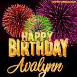 A golden 'Happy Birthday Avalynn' message with vibrant fireworks in the background, creating a festive and celebratory vibe in this animated name GIF.