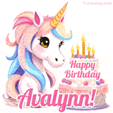 An adorable animated unicorn with soft pastel colors sits beside a birthday cake with glowing candles, and a pink 'Happy Birthday Avalynn!' words.