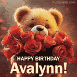 Cinematic style cute animated teddy bear with charming features holding a large bouquet of red roses, the words say 'Happy Birthday Avalynn' in sans serif font.