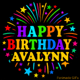 Personalized greeting card with name, colorful text that says 'Happy Birthday Avalynn' surrounded by animated fireworks and multicolor stars