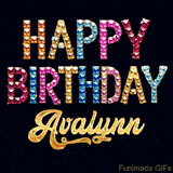 Vibrant luxury birthday greeting card for Avalynn, showing glittering gemstone letters and golden calligraphy on a dark background with twinkling shine effects.
