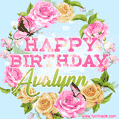 A charming animated GIF featuring 'Happy Birthday Avalynn' in pink and green text, surrounded by delicate roses, leaves, and fluttering butterflies on a soft light blue pastel background.