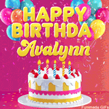 Pink-themed animated greeting with balloons, confetti, and a frosted cake under the message 'Happy Birthday Avalynn' in bold rounded yellow font.