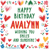 A colorful animated card for Avalynn’s birthday featuring playful hearts, cheerful flowers, and a handwritten message wishing smiles and sunshine.