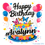 An animated birthday card for Avalynn. It features a festive cake with her name, 'Avalynn', and colorful butterflies. Floating balloons and hearts complete the joyful scene.