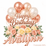 A bouquet of pastel roses and green leaves with Happy Birthday Avalynn animation