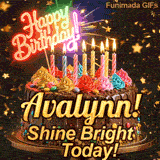 A rich chocolate frosted cake on a gold stand with glowing yellow candles, personalized with the name Avalynn!