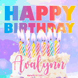 A vibrant animated name GIF with the words 'Happy Birthday Avalynn' with colorful candles on a creamy cake. The background sparkles with pastel shades, adding a festive touch.