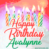 Bright birthday candles with rainbow flames on a cake, alongside the text 'Happy Birthday Avalynne' in vibrant script in this celebratory animated GIF.