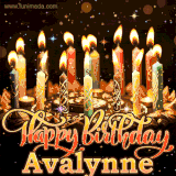 A glowing personalized birthday GIF with name Avalynne featuring lit candles with intricate designs, warm lighting, and the text 'Happy Birthday' in an elegant font.