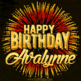 Golden 'Happy Birthday Avalynne' text accompanied by animated rainbow fireworks for a festive animated greeting.