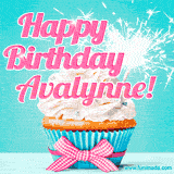 A festive cupcake with pink icing, a gingham bow, and a lit animated sparkler, paired with 'Happy Birthday Avalynne!' in bright pink text.