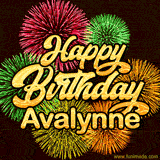 Golden text reading 'Happy Birthday Avalynne' surrounded by vibrant fireworks in red, green, and yellow, set against a dark background in this celebratory birthday GIF.