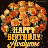 Animated bouquet of orange roses with moving butterfles and golden 'Happy Birthday Avalynne' text, surrounded by sparkling accents and a dark backdrop for a luxurious feel.