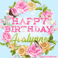 A charming animated GIF featuring 'Happy Birthday Avalynne' in pink and green text, surrounded by delicate roses, leaves, and fluttering butterflies on a soft light blue pastel background.