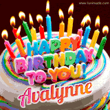 A colorful birthday cake topped with lit candles, with the words 'Happy Birthday Avalynne' in bold glowing letters on a burgundy background. Animated flames add a festive touch.