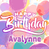 A vibrant name GIF featuring colorful balloons in shades of pink, orange, and yellow with the bold text 'Happy Birthday Avalynne' in festive fonts, creating a lively birthday vibe.