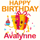 A vibrant and funny gift box character with a happy face dancing with a cupcake and the text 'Happy Birthday Avalynne,' surrounded by animated confetti and party vibes.