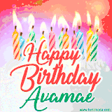 Bright birthday candles with rainbow flames on a cake, alongside the text 'Happy Birthday Avamae' in vibrant script in this celebratory animated GIF.