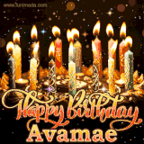 A glowing personalized birthday GIF with name Avamae featuring lit candles with intricate designs, warm lighting, and the text 'Happy Birthday' in an elegant font.