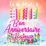 A white birthday cake covered in colorful sprinkles, topped with bright candles, and French text 'Bon Anniversaire Avamae' on a pastel gradient background in an animated GIF.