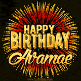 Golden 'Happy Birthday Avamae' text accompanied by animated rainbow fireworks for a festive animated greeting.