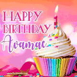 A vibrant birthday GIF featuring a rainbow-colored cupcake topped with white frosting, sprinkles, and a lit candle. The text reads 'Happy Birthday Avamae' in bold pink and violet letters with white outline.