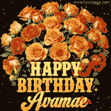 Animated bouquet of orange roses with moving butterfles and golden 'Happy Birthday Avamae' text, surrounded by sparkling accents and a dark backdrop for a luxurious feel.