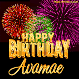 A golden 'Happy Birthday Avamae' message with vibrant fireworks in the background, creating a festive and celebratory vibe in this animated name GIF.