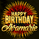 Golden 'Happy Birthday Avamarie' text accompanied by animated rainbow fireworks for a festive animated greeting.