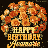 Animated bouquet of orange roses with moving butterfles and golden 'Happy Birthday Avamarie' text, surrounded by sparkling accents and a dark backdrop for a luxurious feel.