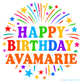Happy Birthday Avamarie' GIF with rainbow-colored letters, colorful stars, and fireworks on white background.