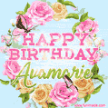 A charming animated GIF featuring 'Happy Birthday Avamarie' in pink and green text, surrounded by delicate roses, leaves, and fluttering butterflies on a soft light blue pastel background.