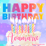 A vibrant animated name GIF with the words 'Happy Birthday Avamarie' with colorful candles on a creamy cake. The background sparkles with pastel shades, adding a festive touch.