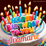 A colorful birthday cake topped with lit candles, with the words 'Happy Birthday Avamarie' in bold glowing letters on a burgundy background. Animated flames add a festive touch.