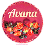 Beautifully decorated red velvet berry birthday cake with vibrant fruits and a glowing 'Avana' name, adding a touch of sweetness and sparkle.