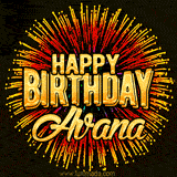 Golden 'Happy Birthday Avana' text accompanied by animated rainbow fireworks for a festive animated greeting.