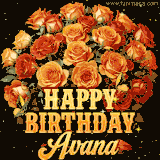 Animated bouquet of orange roses with moving butterfles and golden 'Happy Birthday Avana' text, surrounded by sparkling accents and a dark backdrop for a luxurious feel.